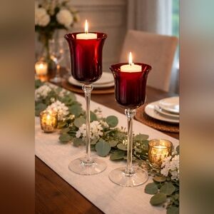 2 Vintage Red and Clear Glass Candle Holders